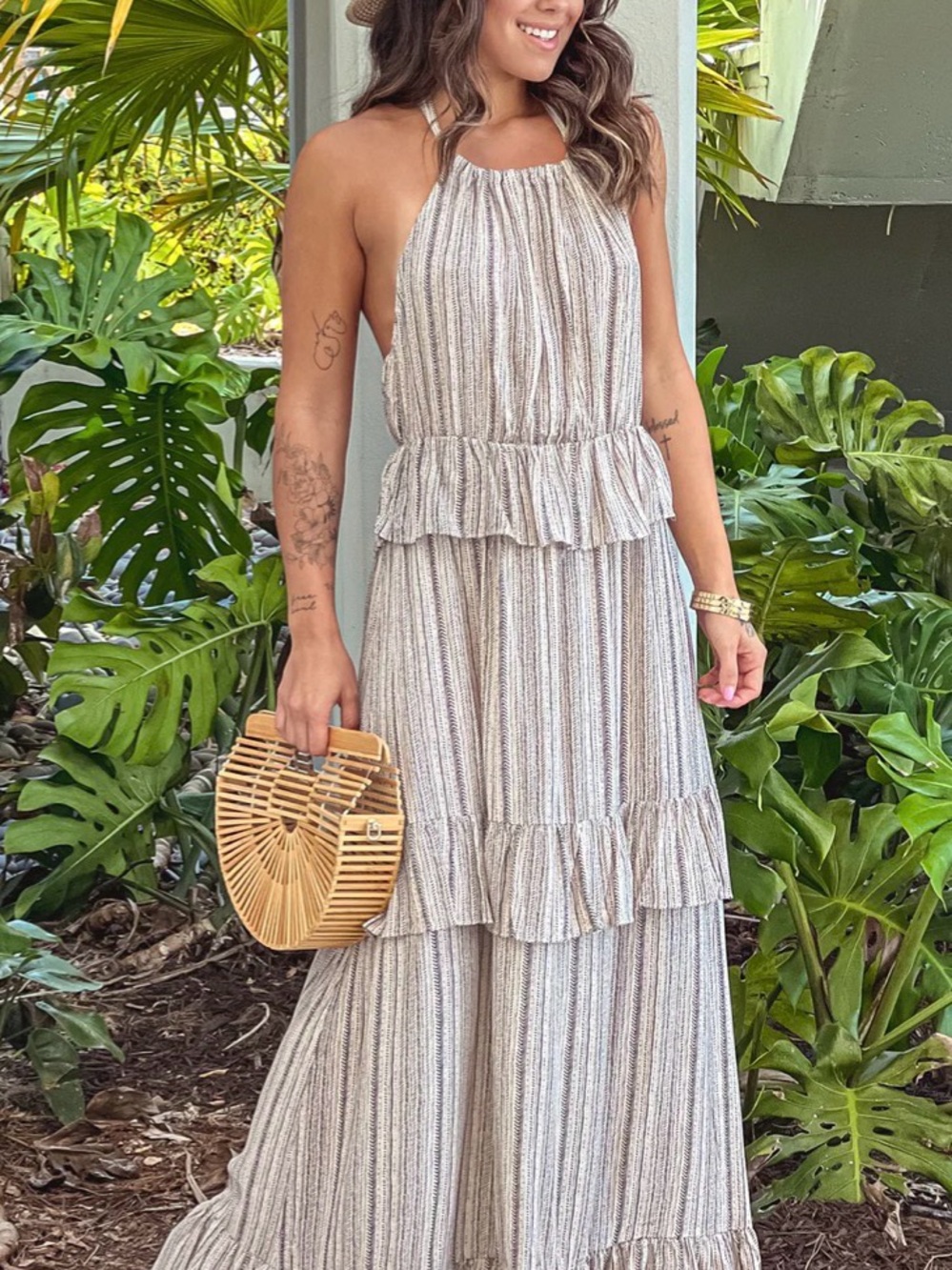 Women’s Beige Striped Halter Ruffle Maxi Dress by dress day